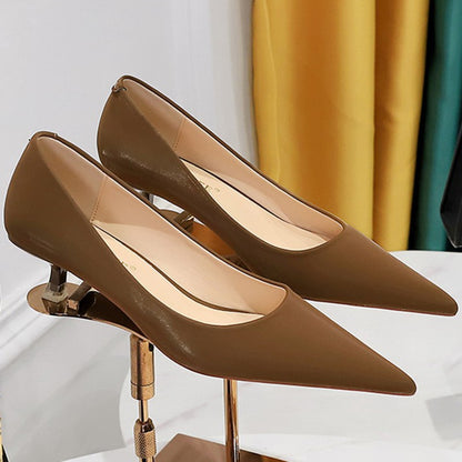 New Big Size Women's Boat Shoes Leather 4.5cm High Heels Pointed Toe Pumps Stilettos Basic Pump For Female White Black Wine Red