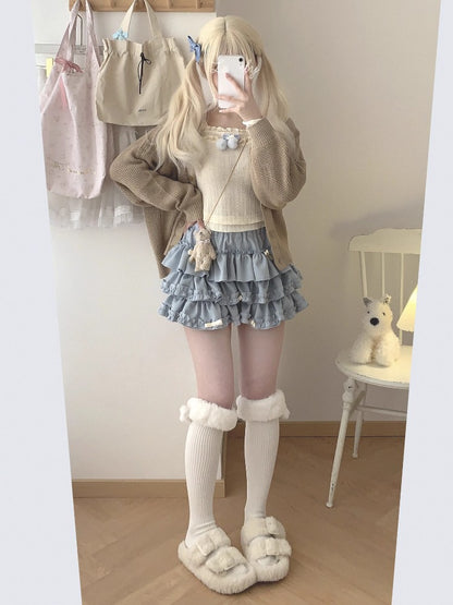Y2K Sweet Ruffles Mini Skirt Women Kawaii Lolita Bow A Line Skirts Harajuku Japanese Cute High Waist Pink Blue Cake Skirt