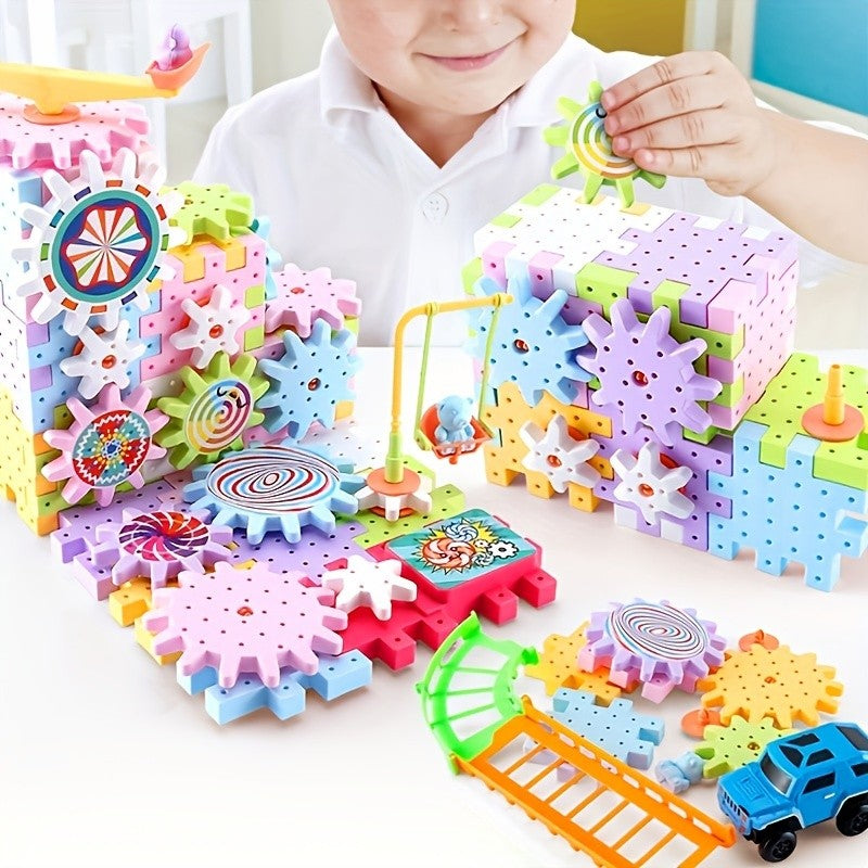 Conjunto de Brinquedos de Construção Montessori Infantil Elétrico Engrenagens Giratórias para Montar Carro de Trilho Brinquedo de Construção Grande STEM de Natal