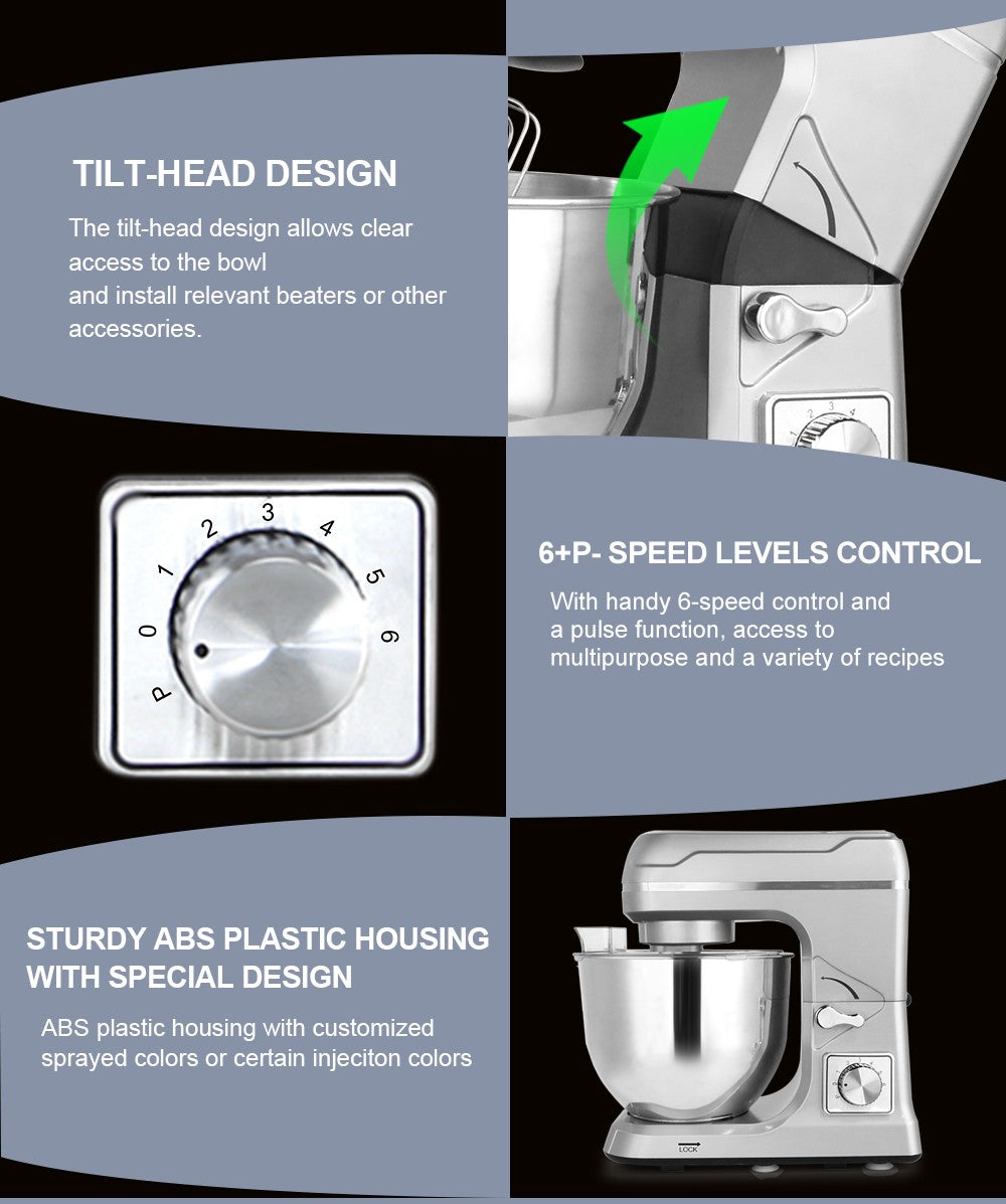 Robô Patissier Profissional 1400W 5.7L Aparelho de Cozinha Batedeira Elétrica com Suporte Alimentar USB Gancho de Massa Fábrica OEM Vendas Quentes