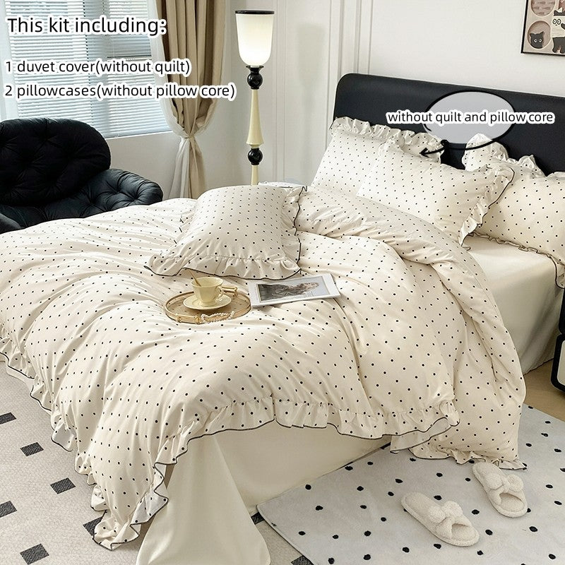 Conjunto de capa de edredom coreana de renda 3 peças (1*Capa de Edredom + 2*Fronhas, Sem enchimento), Conjunto de cama com estampa de bolinhas pretas
