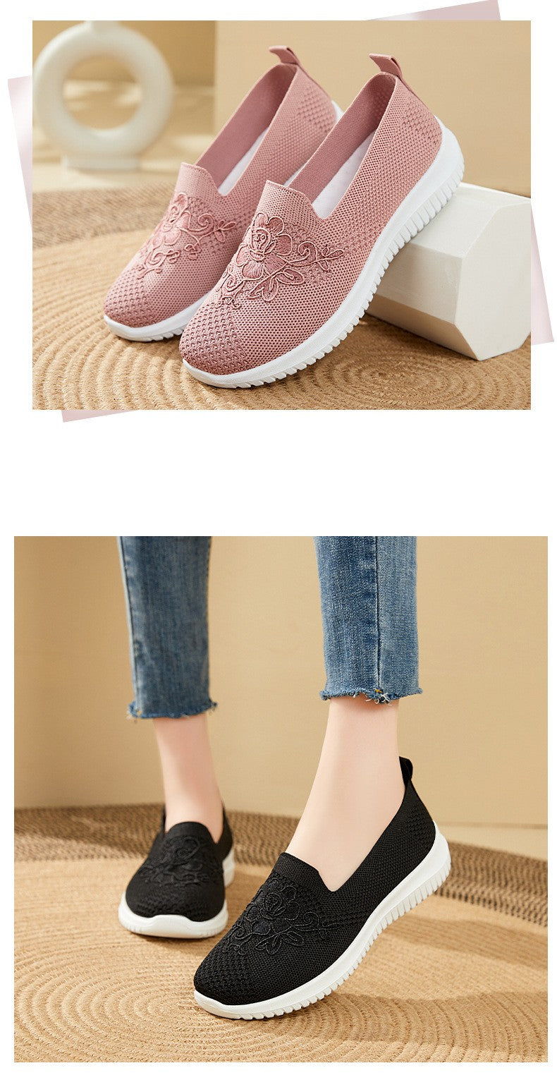 Women's Fashion Vulcanised Trainers 2025 Round Toe Breathable Flower Mesh Casual Flat Slip-On Women's Casual Vulcanised Shoes