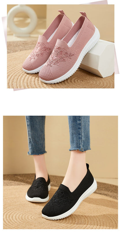 Women's Fashion Vulcanised Trainers 2025 Round Toe Breathable Flower Mesh Casual Flat Slip-On Women's Casual Vulcanised Shoes