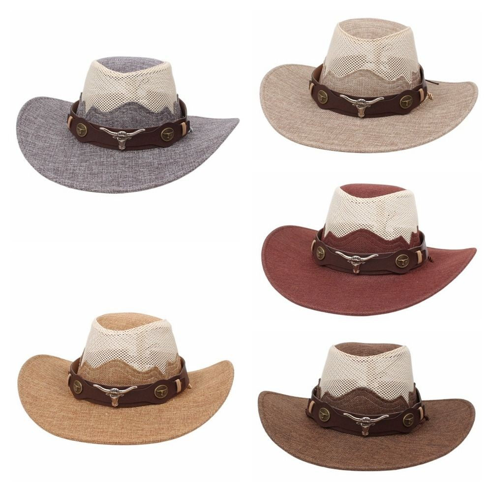 Wide Brim Western Cowboy Hats Ethnic Style Visor Cap Sunscreen Bucket Hat Mesh Knight Hat Sun Protection Fisherman Cap Travel