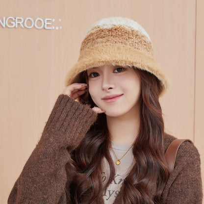 New Warm Luxury Bucket Hat For Women Plush Patchwork Autumn Winter Wool Felt Stripe Large Bucket Hat Colorful Faux Fur Hat Cap