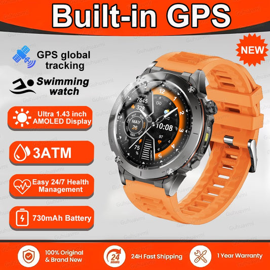 Novo T-Rex 3 GPS Smart Watch AMOLED de 1,43" à prova d'água 10ATM GNSS de banda dupla integrado Bússola Militar Esportivo Smartwatch Pulseira Masculina