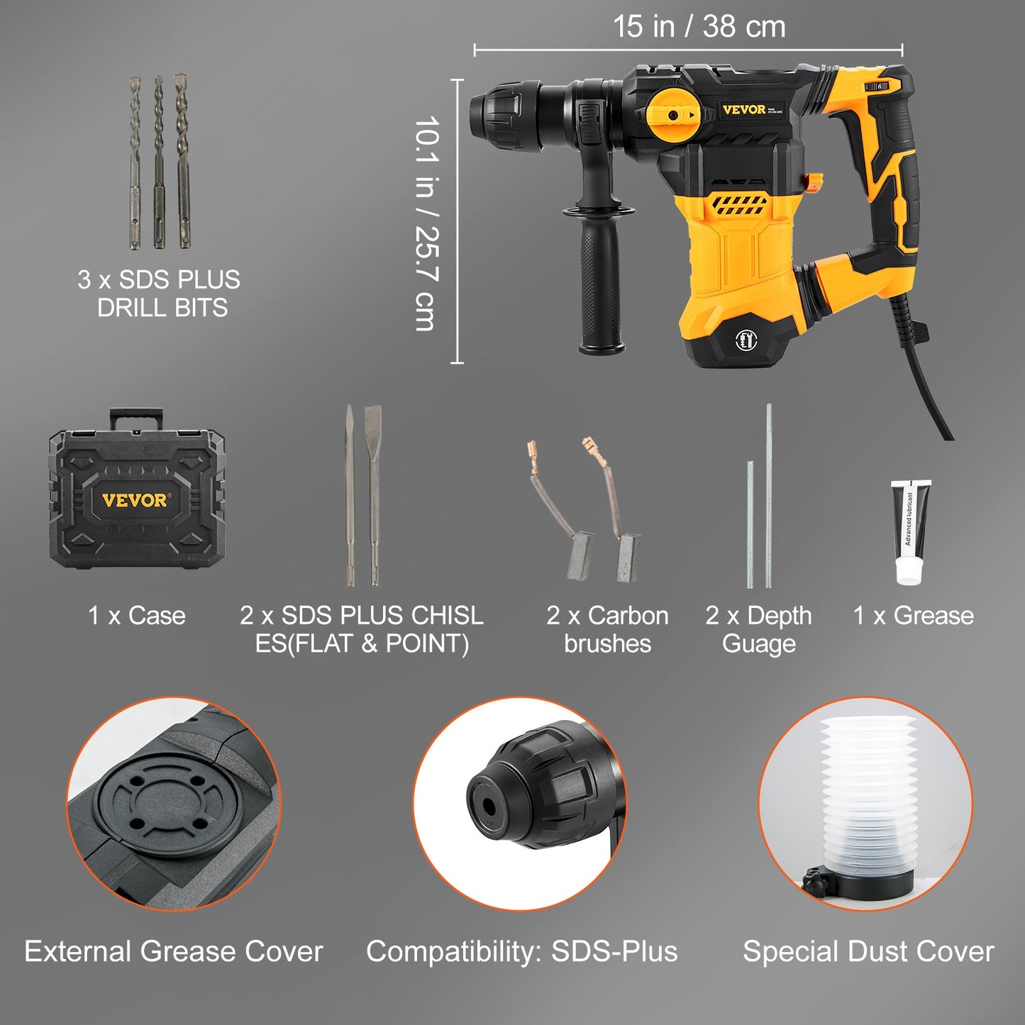 Furadeira de Impacto Rotativa SucceBuy 1500W Max. Perfuração 32mm 4 Modos SDS-Plus Com Fio Demolição Quebra de Metal Concreto Rompedor Martelete