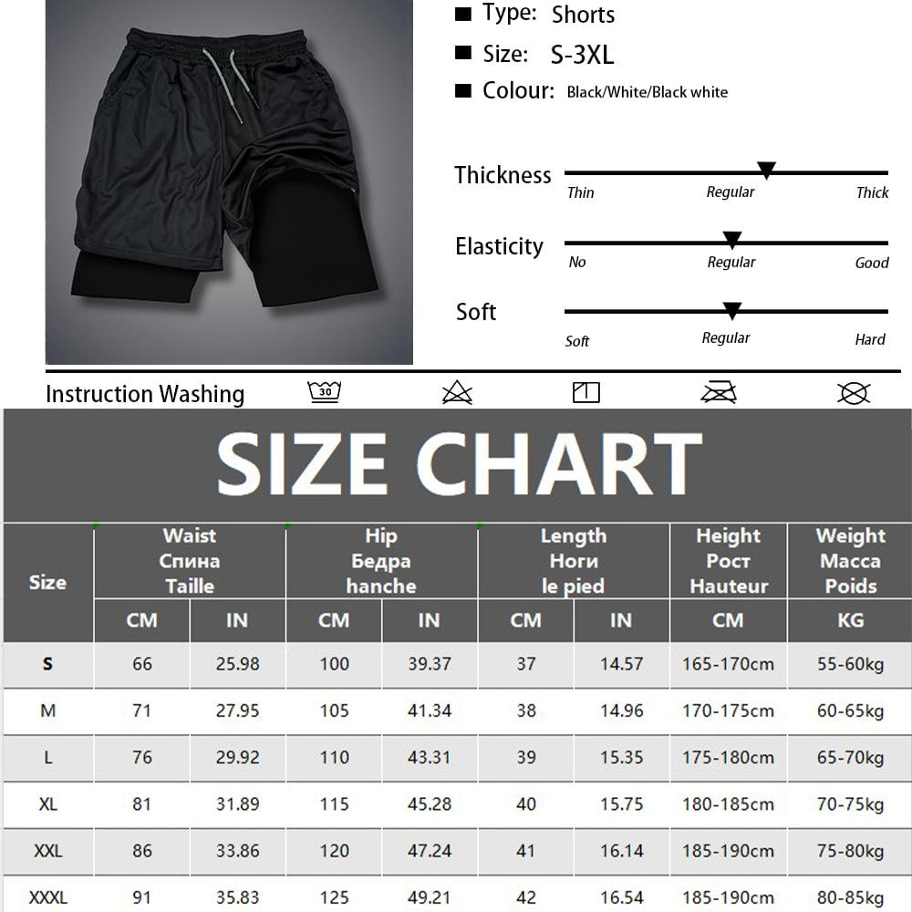 Men's Double Layer Fitness Shorts Drawstring Mesh Lining Elastic Waist Breathable Quick Dry to Beach Pool Summer Male