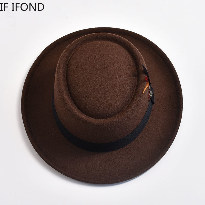 NEW Vintage Pork Pie Hat Mens Rolled Brim Felt Fedora Hat with Feather Gentleman Church Cap Trilby Jazz Hats