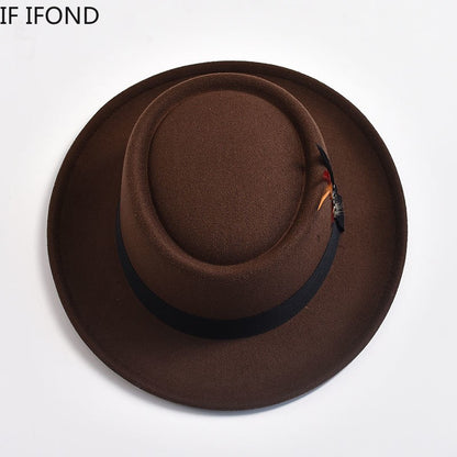 NEW Vintage Pork Pie Hat Mens Rolled Brim Felt Fedora Hat with Feather Gentleman Church Cap Trilby Jazz Hats