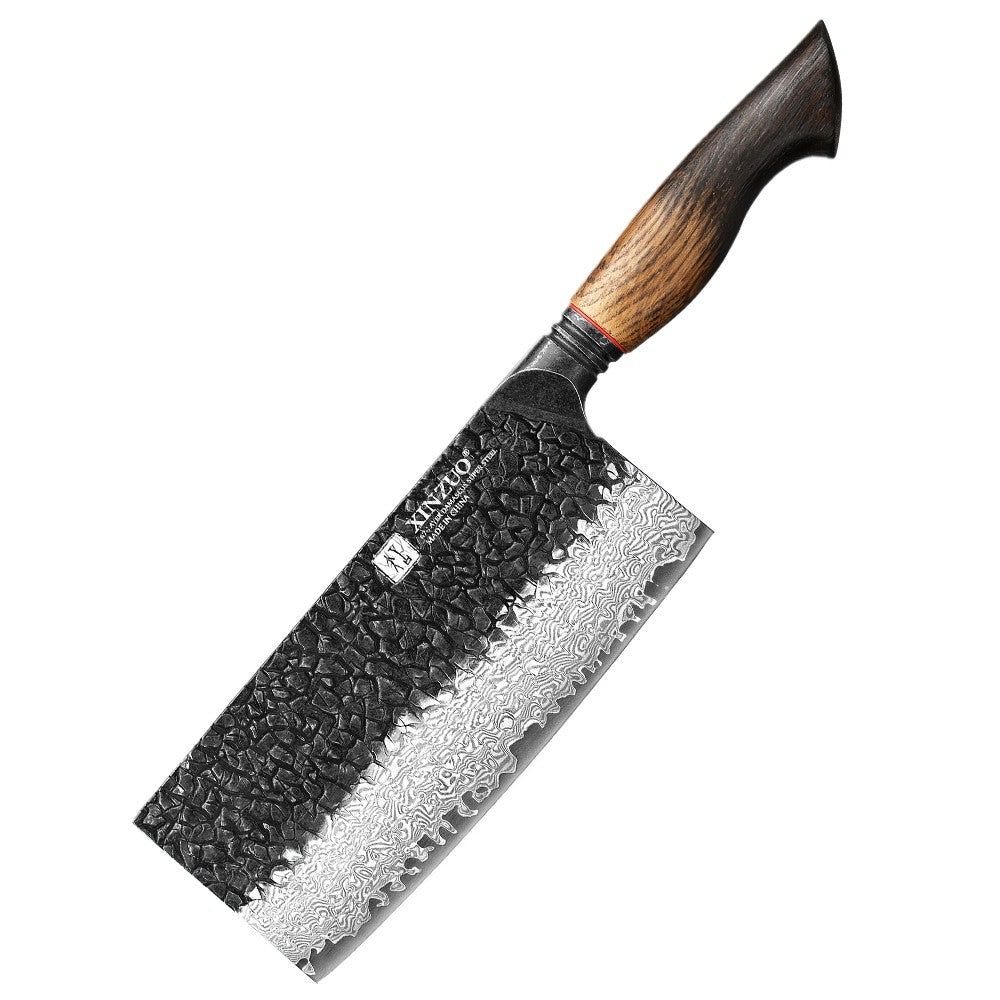 XINZUO 1-6-Piece Damascus Knife Set 67-Layer Steel White Oak Red G10 Handles Paring Utility Cleaver Santoku Bread Knife