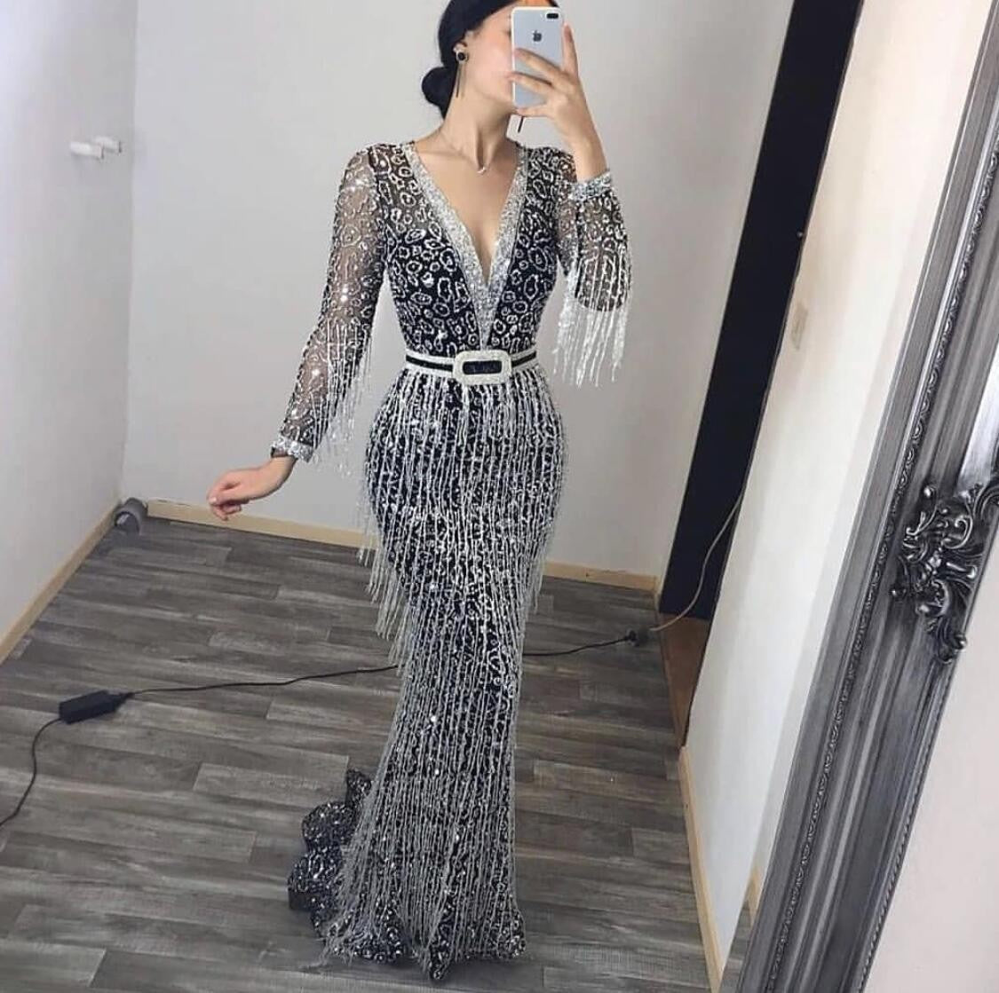 Women's Fashion New Long Sleeved Prom Dress Elegant Sexy Deep V Neck Sequined Fringed Long Slim Dresses Evening Party Dresses