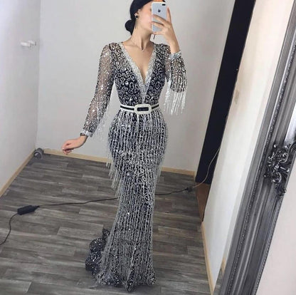 Women's Fashion New Long Sleeved Prom Dress Elegant Sexy Deep V Neck Sequined Fringed Long Slim Dresses Evening Party Dresses