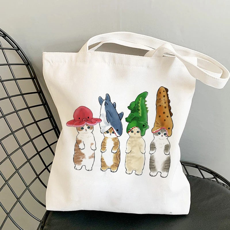 Kawaii Cats Manga Cartoon Reusable Tote Bag Women's High Capacity Versatile Canvas Shoulder Bag, Beach Shopper Handbag