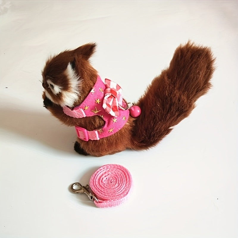 2 pçs/conjunto Arnês e Coleira para Hamster, Conjunto de Caminhada, Roupa para Pequenos Pets com Laço e Sinos, Colete Acolchoado Seguro e Confortável, Roupa para Hamster