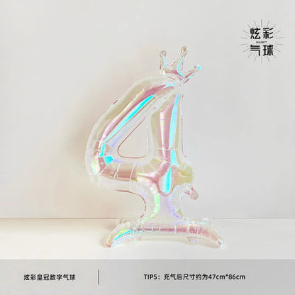 32Inch Transparent Colorful Crown Digital Aluminum Film Balloon with Base Happy Birthday Party Decor Kids Adults Baby Showers