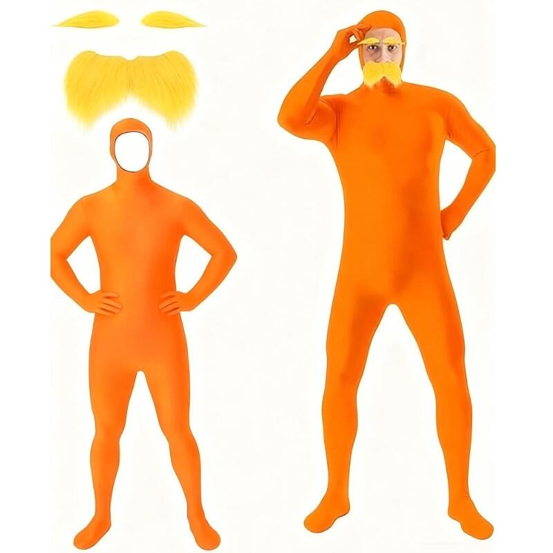 Adult Orange Zentai Bodysuit Open Face Skin Tight Jumpsuit with eard Eyebrow Halloween Cosplay Costume Unisex Full Coverage