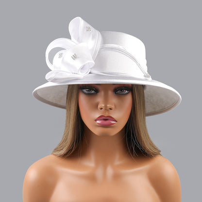 Deluxe New White Church Hat Party Banquet Satin Cloth Photography Hats Premium Chains Formal Hat Flower Top Cap For Women Ladies