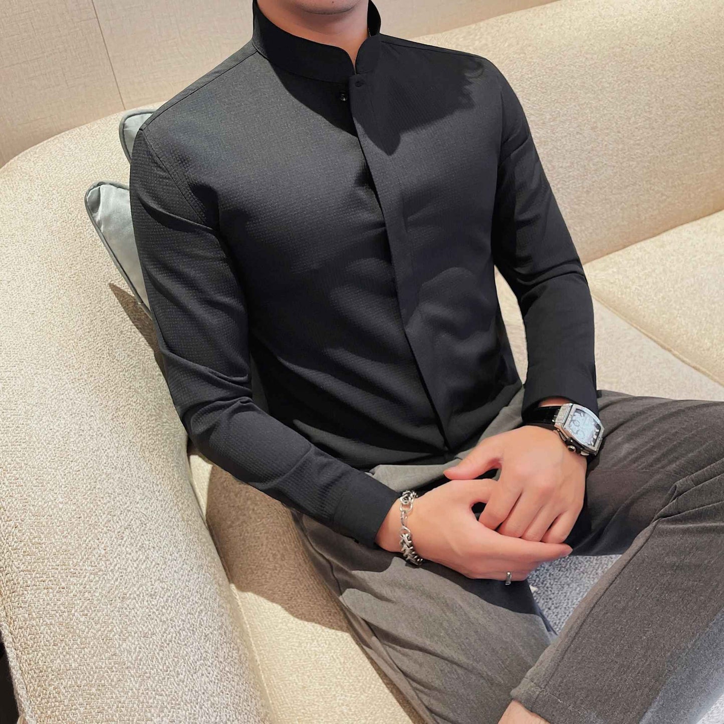 Men Standing Collar Shirt Long Sleeved 2024 Autumn British Style Solid Casual Hidden Button Elastic Slim Fit Formal Dress Shirt