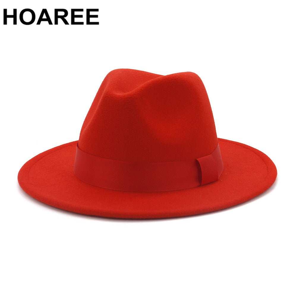 HOAREE Purple Wool Felt Jazz Fedora Hats Men Women Wide Brim Sombrero British Style Trilby Formal Panama Cap Solid Dress Hat