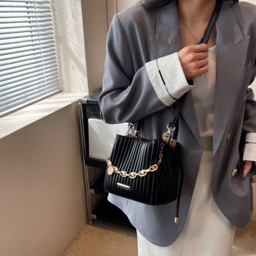 Unique Pleated Design Crossbody Bag Stylish Elegant Bucket Bag Chain Shoulder Messenger Bag Evening