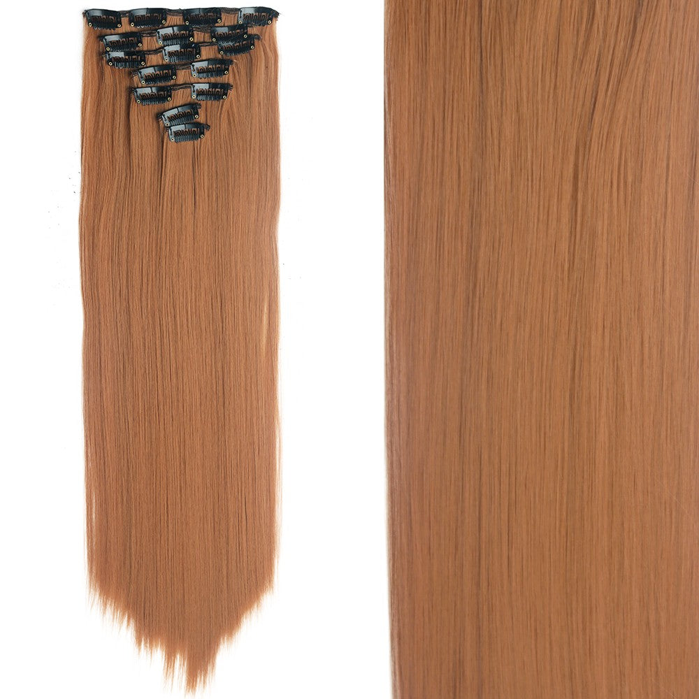 7 peças/conjunto de aplique de cabelo com 16 grampos, preto, longo e liso, cabelo natural, aplique de cabelo ombre, fibra resistente ao calor para penteado feminino