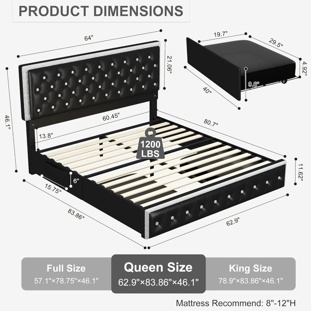 LED Bed Frame with 2 Drawers, PU Leather Platform Bed with Diamond Tufted Headboard Footboard and 2 Side Pockets, M