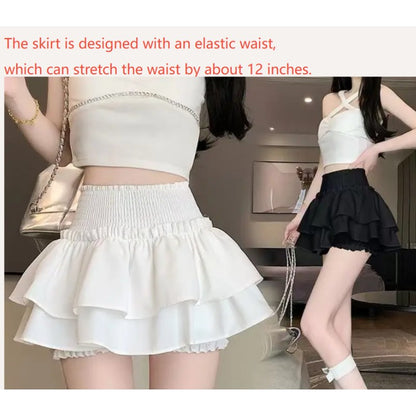 Princess Kawaii Sweet Mini Skirt Elastic High Waist Ballet-Style Tiered Skirt New White Casual Matching Girl's Short Cake Skirt