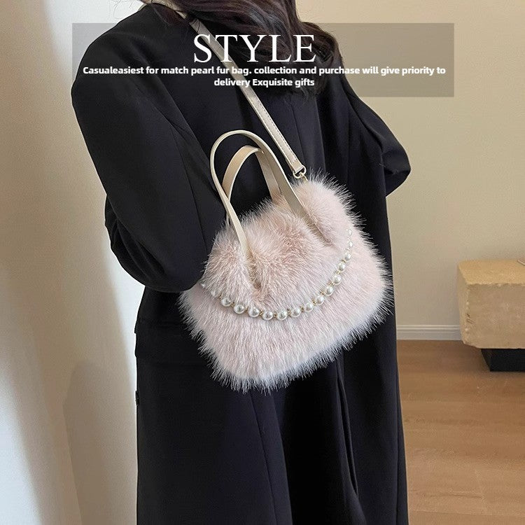 Winter Fashion Faux Fur Crossbody Bags for Women's Gift, Pearl Chain Decor Shoulder Bag, Ladies Handbags Top-handel Bag