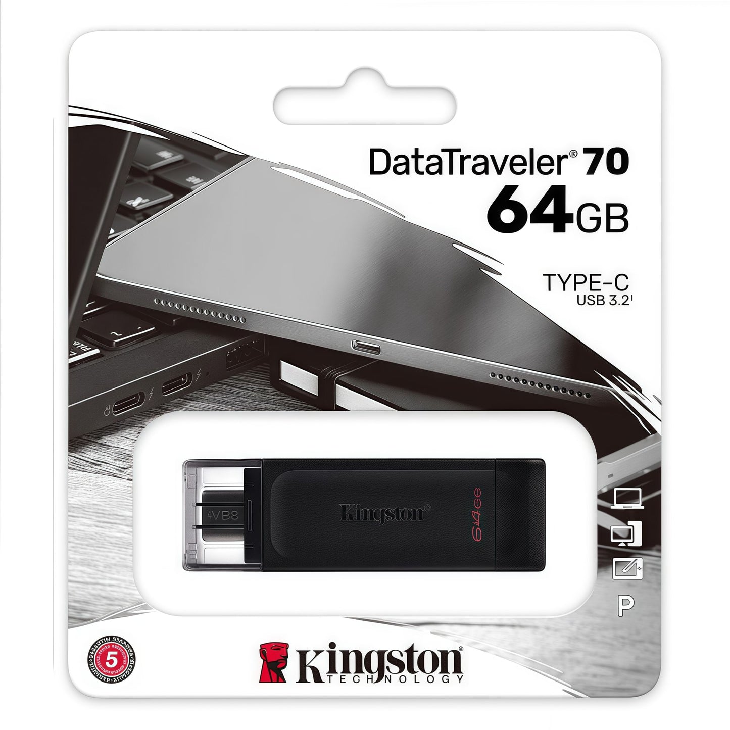 Unidade flash USB 3.2 Gen1 Tipo C de alta capacidade Kingston, preta, compatível com Android, Apple, carro, celulares e PC
