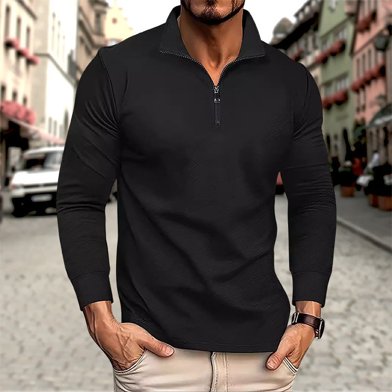 Men's Business Casual Polo Long Sleeve T-shirt spring and autumn Twill jacquard zipper polo shirt Comfortable and Breathable Top
