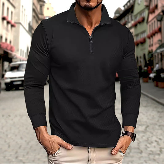 Men's Business Casual Polo Long Sleeve T-shirt spring and autumn Twill jacquard zipper polo shirt Comfortable and Breathable Top