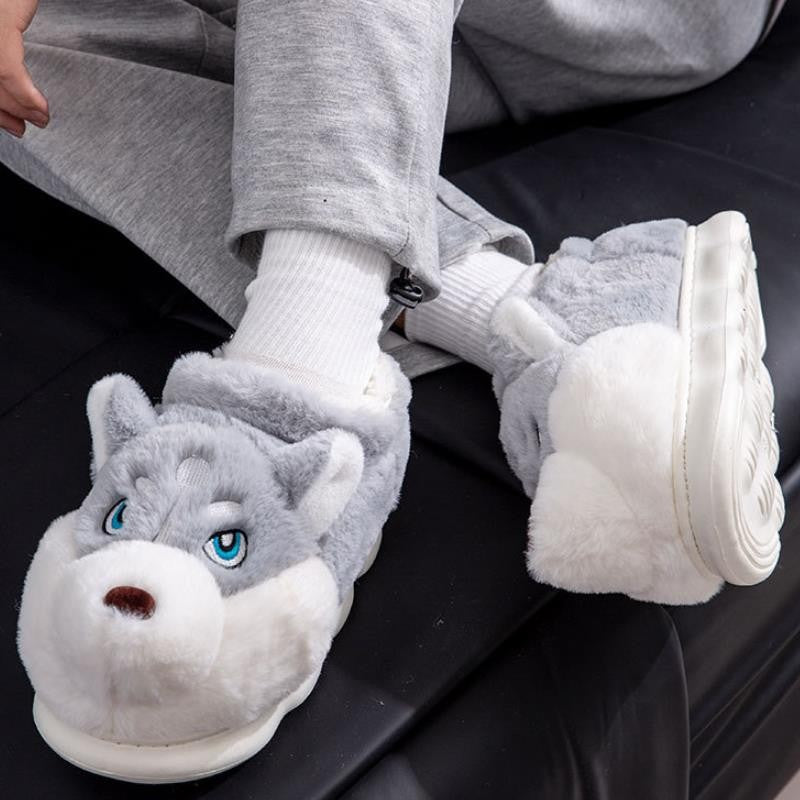 Women Indoor Cotton Slippers Cute Cartoon Dog Winter Warm Shoes Couples Home Floor Slides Anti-slip  Female Male House Footwear