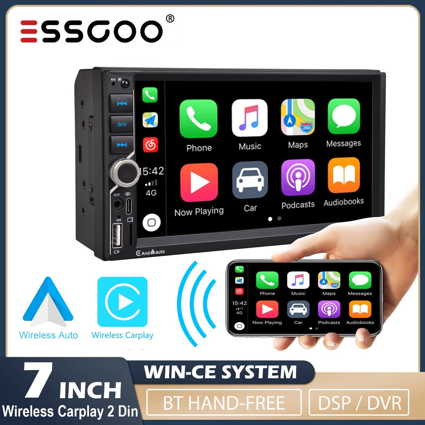 ESSGOO Rádio Automotivo 7 Polegadas 2 Din Carplay Android Auto Universal Multimídia Automotiva Autorrádio DSP Tela Sensível ao Toque HD FM Bluetooth
