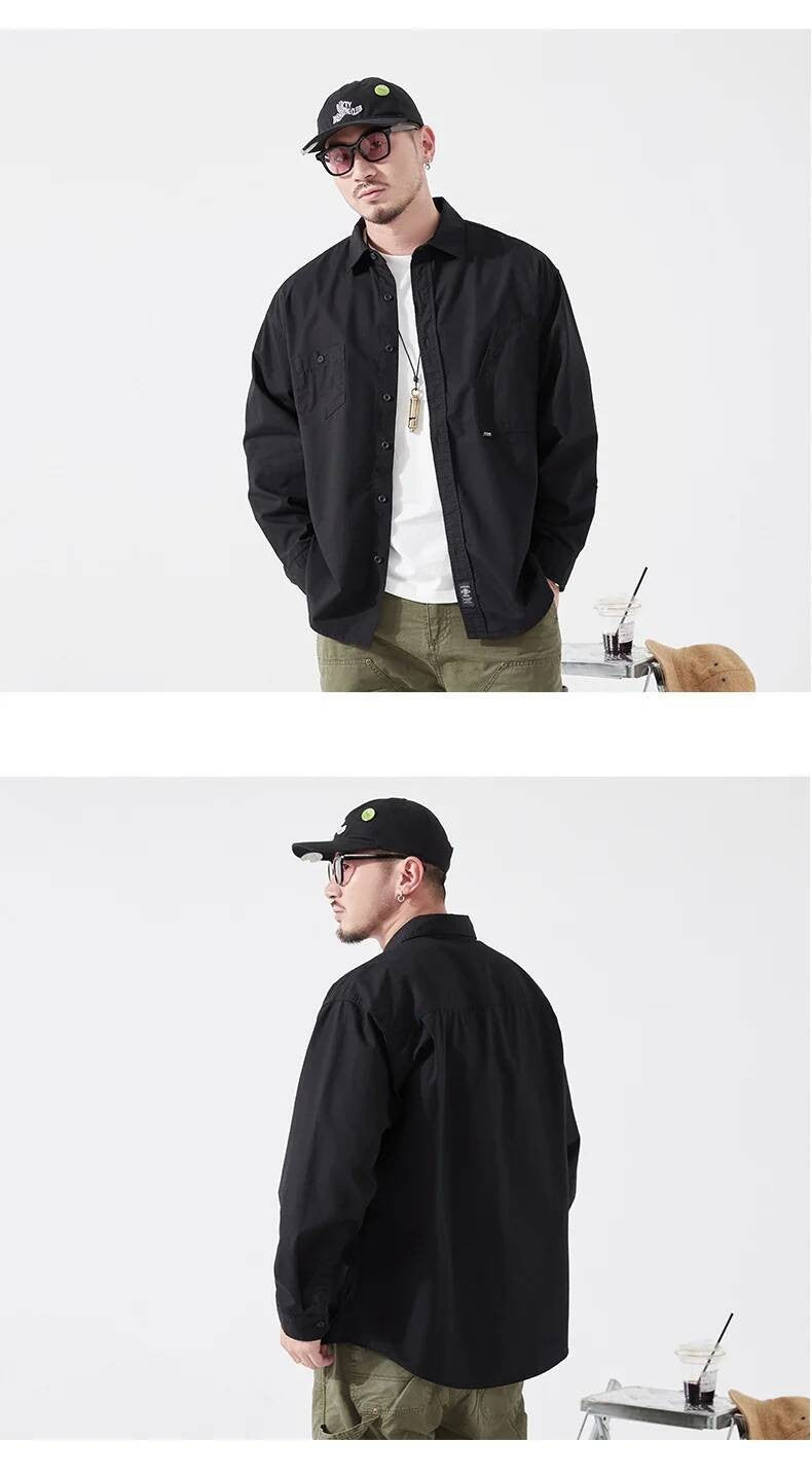 Men's Cargo Shirt Long Sleeve Premium Cotton Solid Color Japanese Streetwear Simple Handsome Chest Pocket Outdoor Work Shirst
