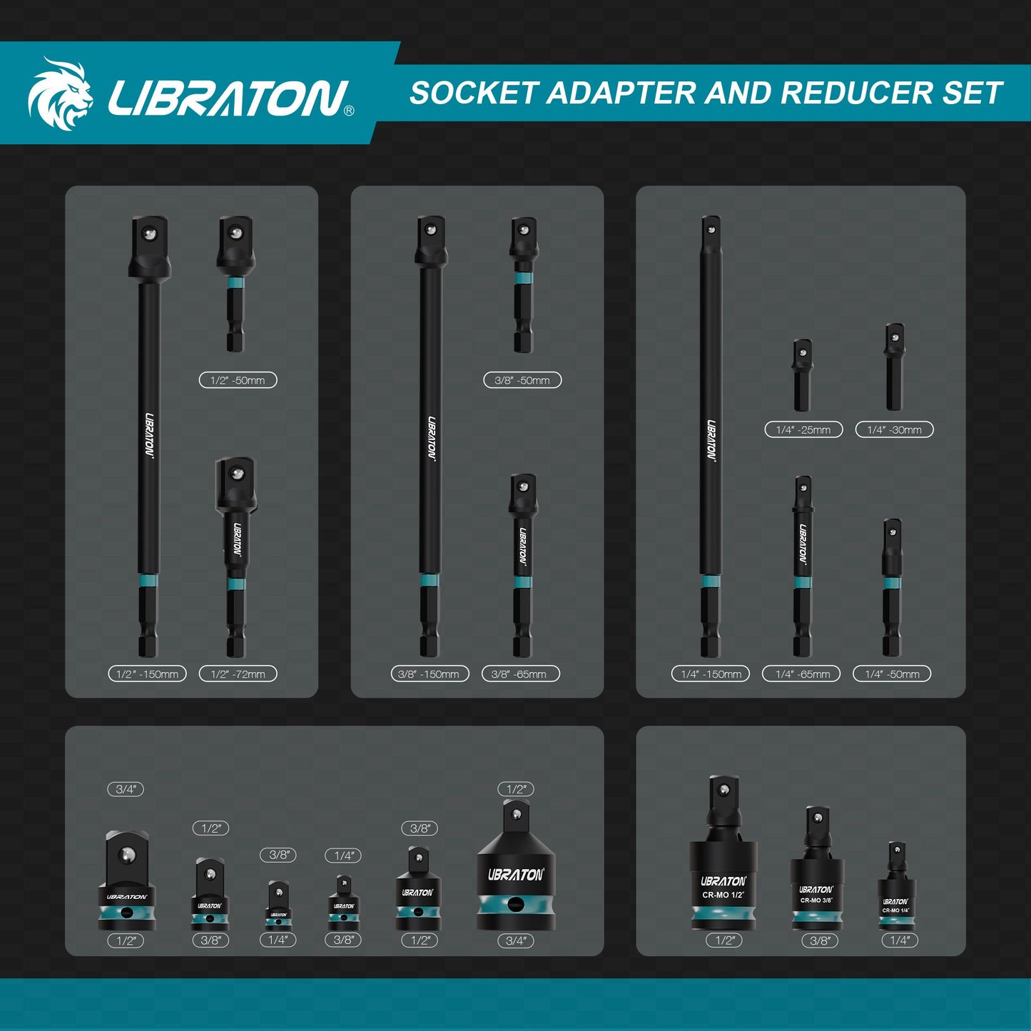 Adaptadores e Redutores de Soquete de Impacto de 1/4" 3/8" 1/2", Inclui Redutores, Juntas Universais, Extensão de Adaptador de Soquete, 20 peças