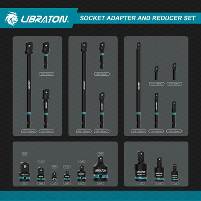 Adaptadores e Redutores de Soquete de Impacto de 1/4" 3/8" 1/2", Inclui Redutores, Juntas Universais, Extensão de Adaptador de Soquete, 20 peças