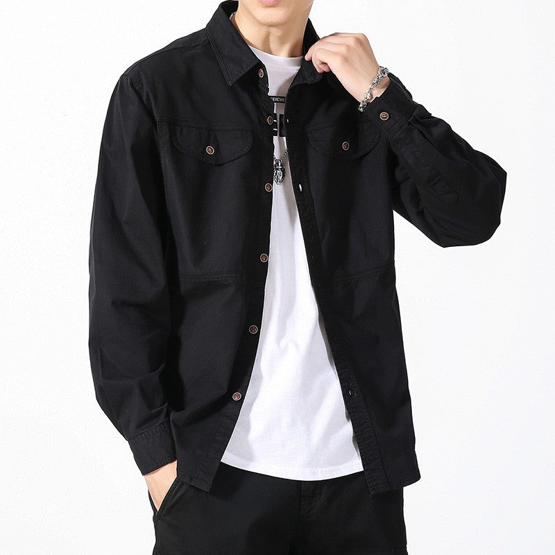 Men Slim Fit Turn-Down Collar Loose Cargo Shrit Spring Autumn Casual Wash Cotton Safari Style Jacket with Multiple Pockets Coat