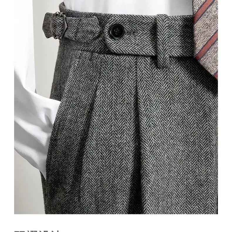 2024 Men's Autumn Winter Fashion High Waist Wool Trousers Male Tweed Casual Pockets Pants Men Long Straight Suit Pants F394
