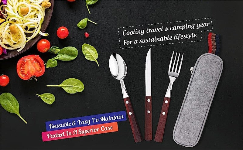 Utensílios de viagem de aço inoxidável com estojo Saudáveis e ecológicos Garfo e colher de tamanho normal Conjunto de talheres portáteis com bolsa de armazenamento