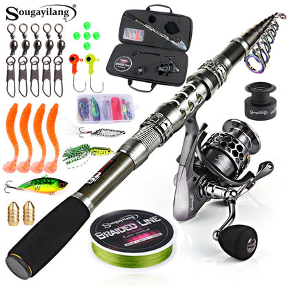 Kit Vara de Pesca Telescópica Sougayilang 1.8-2.7m e Carretilha de Pesca com Carretel de Alumínio de Alta Velocidade 5.1:1 com Linha de Pesca e Bolsa para Iscas