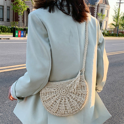 New Half Round Straw Bags for Women Summer Beach Rattan Bag Handmade Woven Half Moon Crossbody Handbags Bohemia