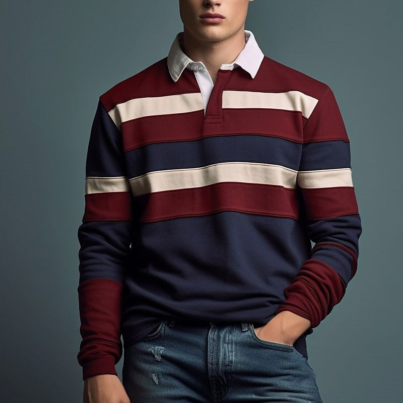 Men's Long Sleeve Polo Shirt 3D Stripes Print Pullover Autumn Business Casual Turn-down Collar Buttoned Oversized Mens Clothing