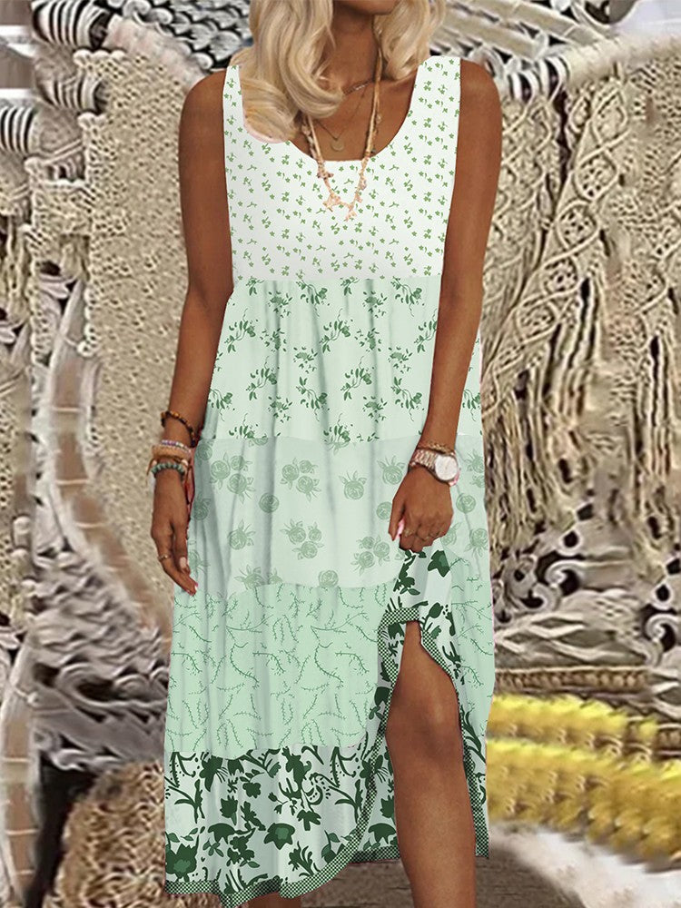 Plus Size Casual Women's Midi Dress 2025 Summer New Floral Printed Sleeveless Fl