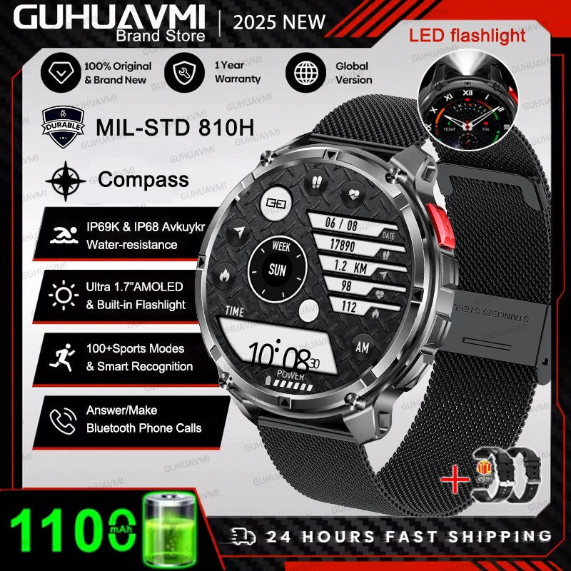 Smartwatch Masculino 2026 Novo Militar 1100mAh Bateria Tela AMOLED 1.7" Bússola GPS Lanterna Chamada Bluetooth 5ATM Natação
