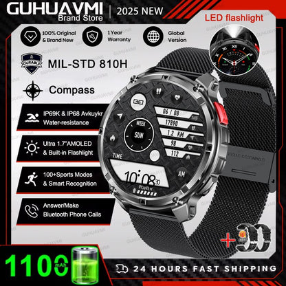 Smartwatch Masculino 2026 Novo Militar 1100mAh Bateria Tela AMOLED 1.7" Bússola GPS Lanterna Chamada Bluetooth 5ATM Natação