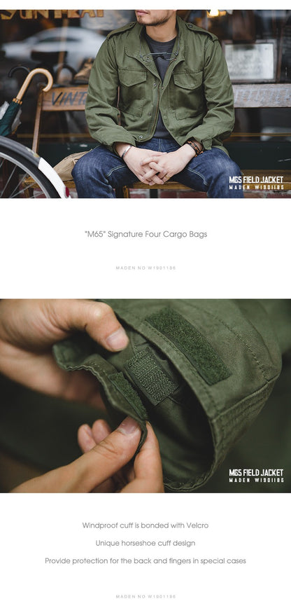 Maden Military M65 Field Jackets For Men's Green Vintage Army Jacket Casual Windbreaker Solid Lapel Collar with Pockets Overcoat