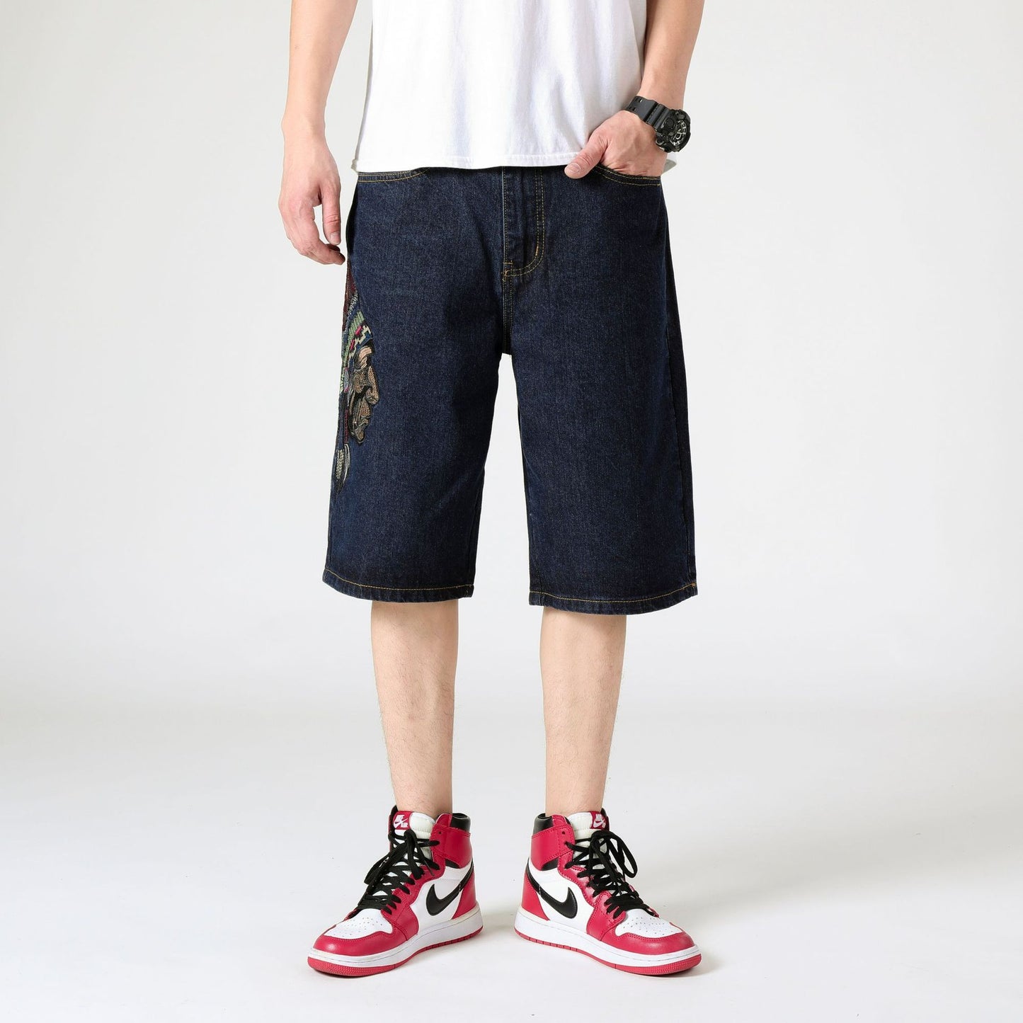 ABOORUN Mens Plus Size Loose Baggy Denim Shorts Fashion Streetwear Hip Hop Skateboard Cargo Jeans Short for Male R1402
