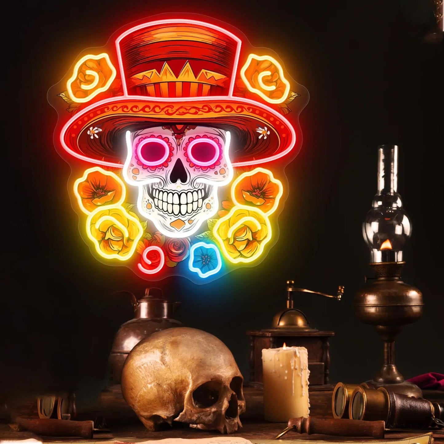 Day of the Dead Sugar Skull Neon Sign Mexican Sugar Skull Art Sign Día de los Muertos LED Light Sign for Home & Party Decor