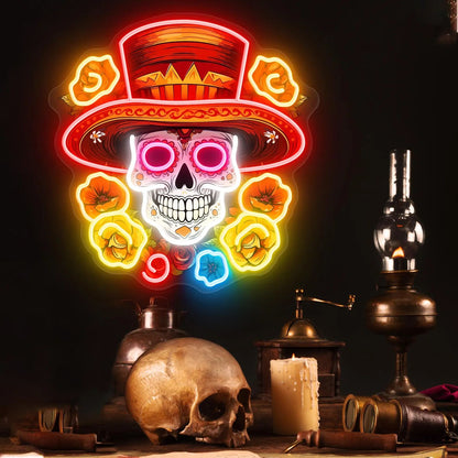Day of the Dead Sugar Skull Neon Sign Mexican Sugar Skull Art Sign Día de los Muertos LED Light Sign for Home & Party Decor